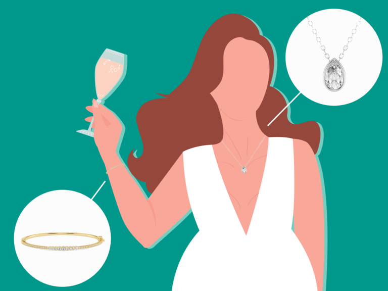 illustrated bride wearing V-neck dress with Grown Brilliance lab-grown diamond jewelry