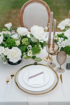 Gray-and-White Place Setting With White Rose and Green Trick Dianthus Flower Arrangements, Gray Stemware and Gold Flatware