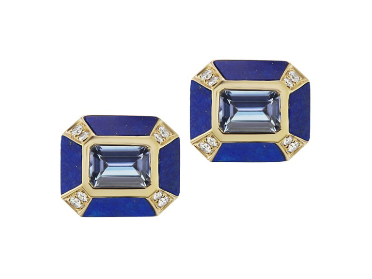 Gold and blue studs with baguette sapphire stone and pave diamonds