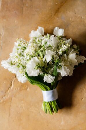 White Bouquet With Tweedia, Freesia, Sweet Pea and Bouvardia