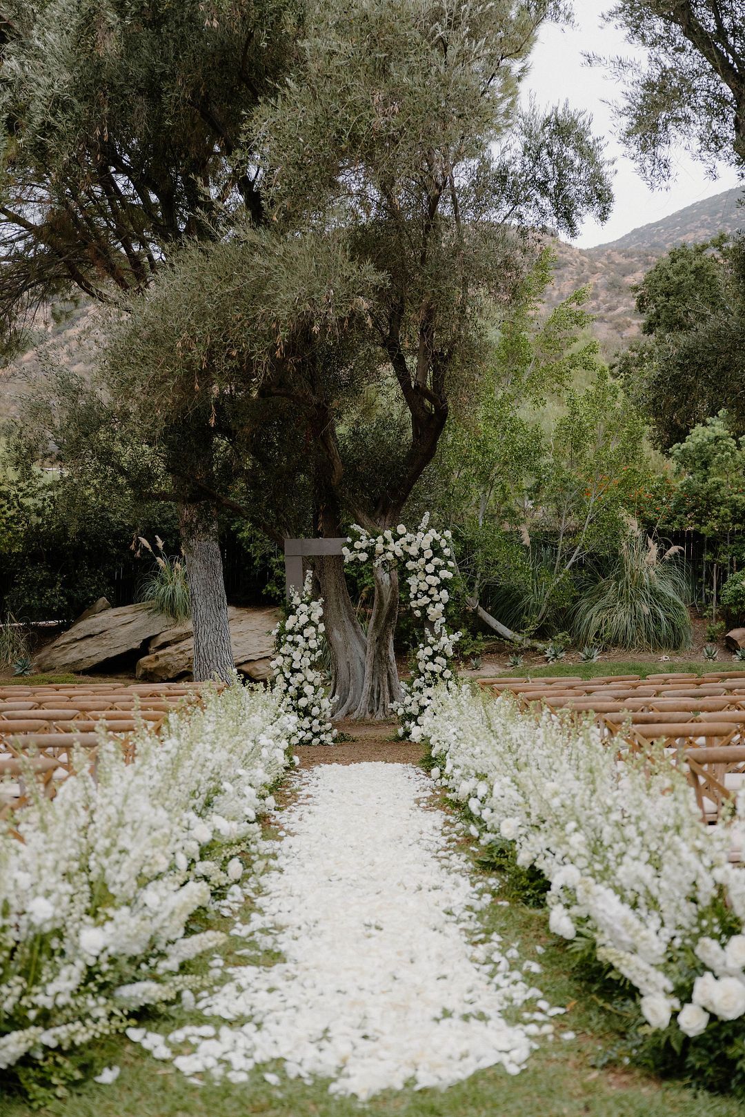 Garden Ceremony Aisle, White Flower Petals and Arrangements to Arch