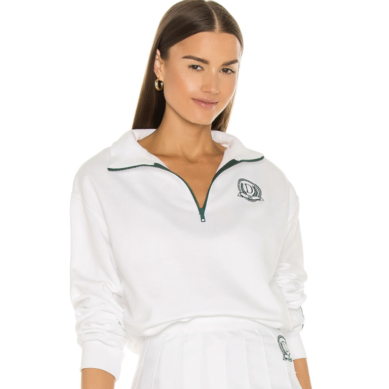 White Tennis Half-Zip Crew for sporty bachelorette bride outfit