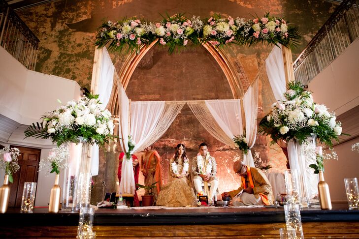 Mandap Draped with White Fabric and Flowers