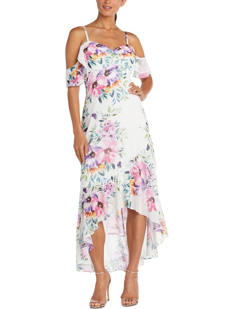 macy's white high low pastel dress for wedding guests with multicolored floral print off the shoulder sleeves and sweetheart neckline