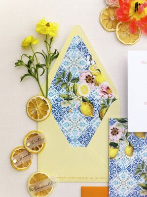 Yellow-and-Blue Invitations and Lemon Place Cards for Italian-Themed Rehearsal Dinner