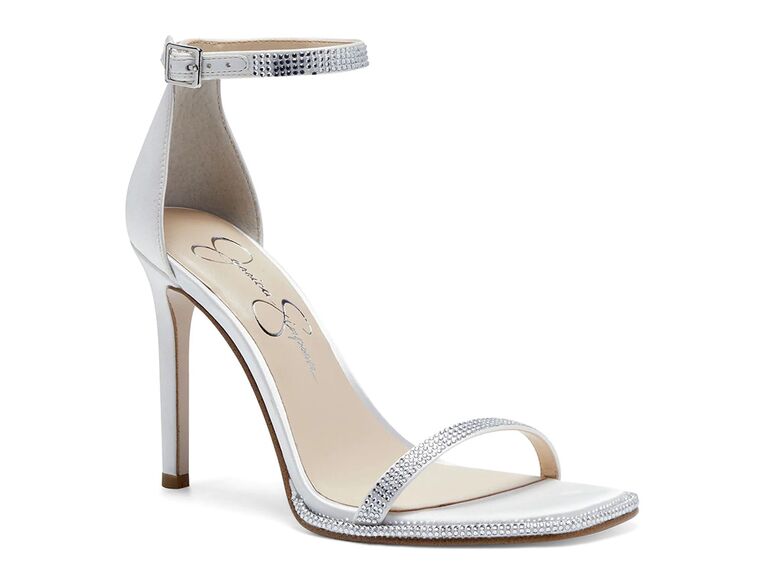 Jessica Simpson sparkling white bridal sandals with square open toe and crystal-embellished toe strap