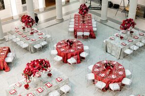 Wedding Reception With Red Linens at the New Orleans Museum of Modern Art
