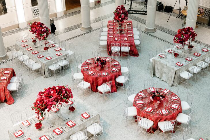 Wedding Reception With Red Linens at the New Orleans Museum of Modern Art