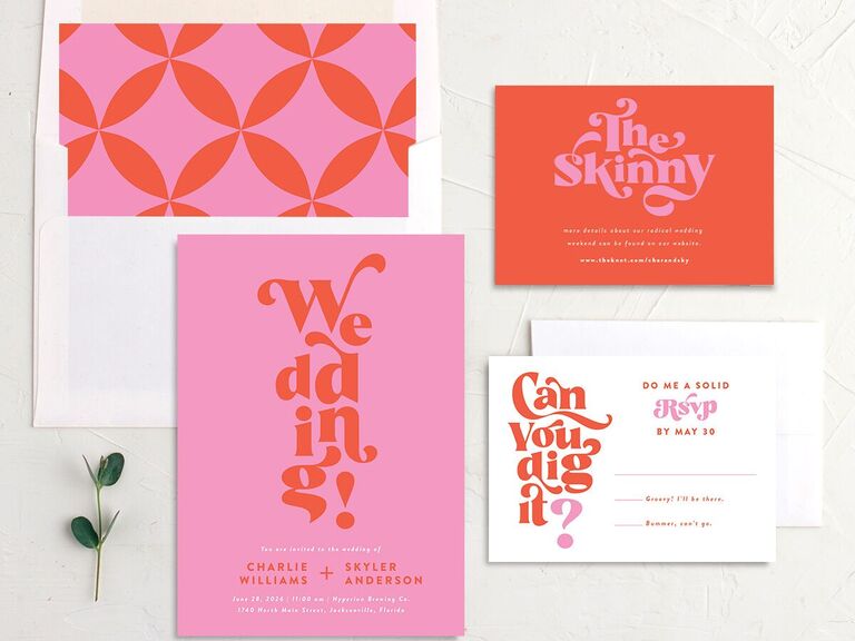 Retro pink and red wedding invitation suite budget friendly