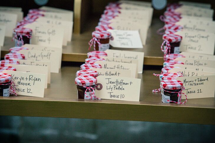 Handwritten escort cards were tied to a mixed selection of mini Bonne Maman jars of jam. The escort cards and favors were placed on a gold writers desk.