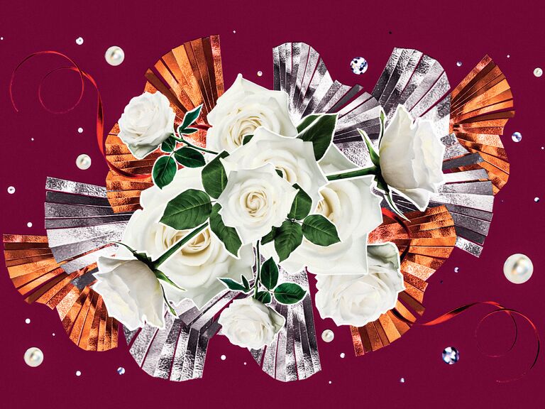 collage of white roses and metallic accents