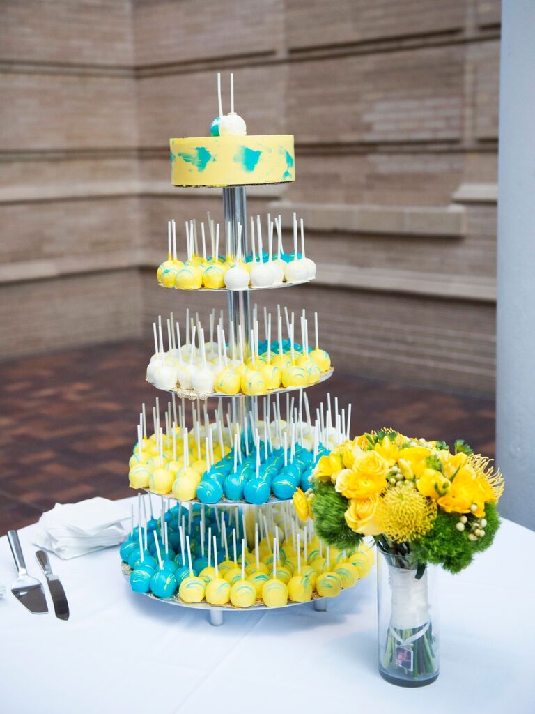 Blue and yellow cake pop idea for bridal shower. 