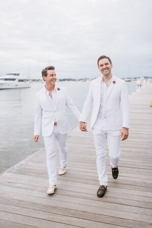 Grooms in Custom White Tuxedos