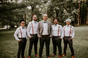 Bohemian Groomsmen in Bright Bow Ties and Red Suspenders