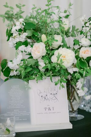 Transparent Bar Sign With French Bulldog Illustration and White-and-Greenery Arrangement