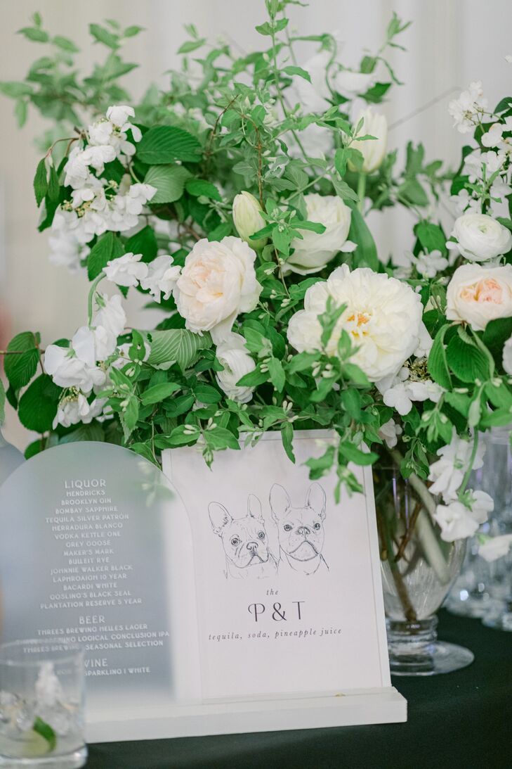Transparent Bar Sign With French Bulldog Illustration and White-and-Greenery Arrangement