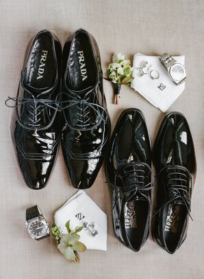 Designer Black Wingtip Shoes with Formal Cufflinks and Watches