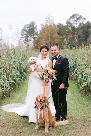 Bride and Groom Posing With Dogs on Farm in Chadbourn, North Carolina