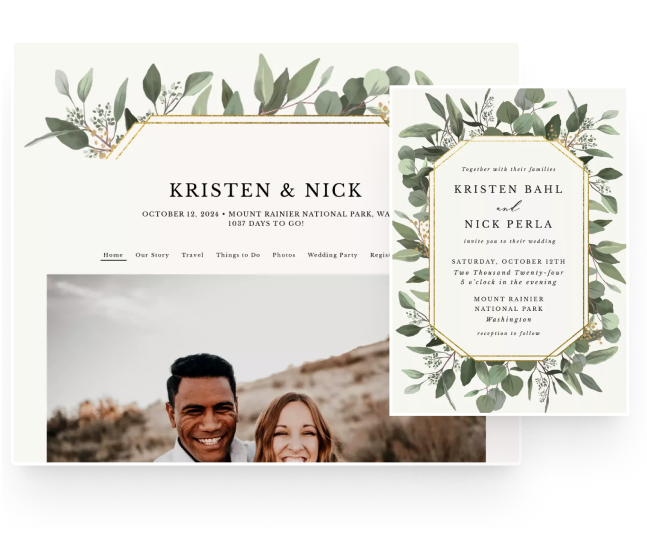 Eucalyptus Frame wedding website design with matching invitation.