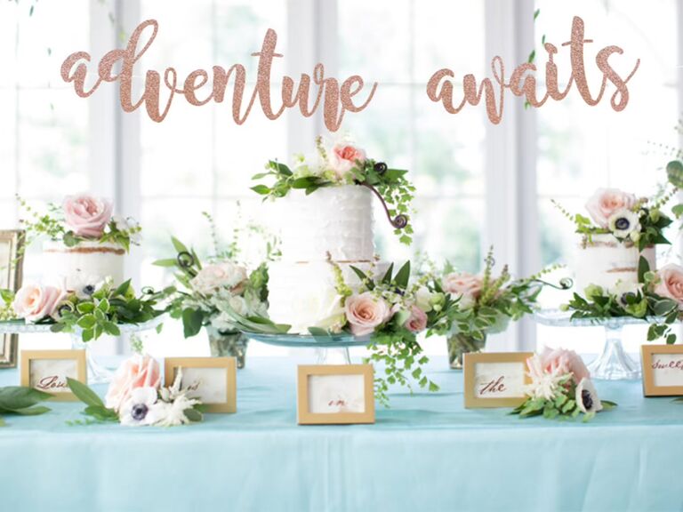 'adventure awaits' rose gold sparkly banner