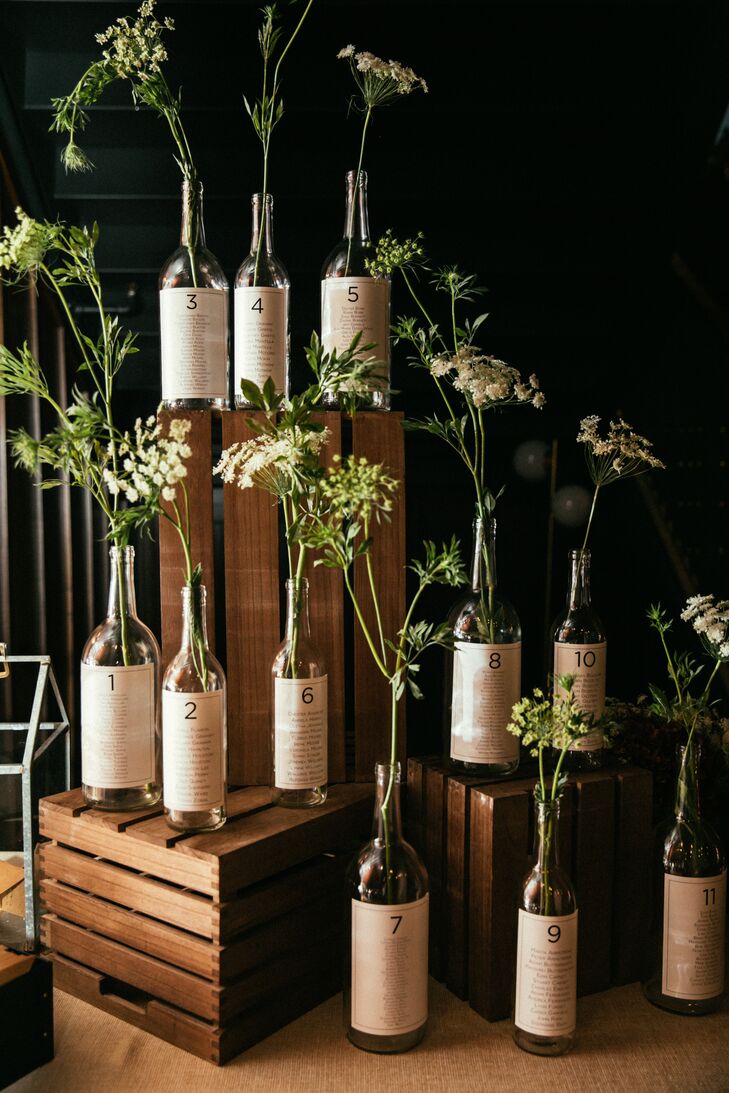 Wine-Themed Escort Card Display with Wine Bottle Seating Chart