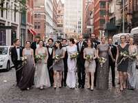 Bridesmaids and groomsmen wear mismatched semi-formal outfits. 