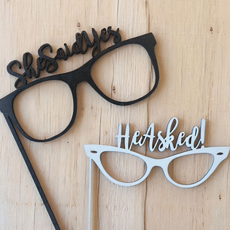'He asked she said yes' funny glasses engagement photo props