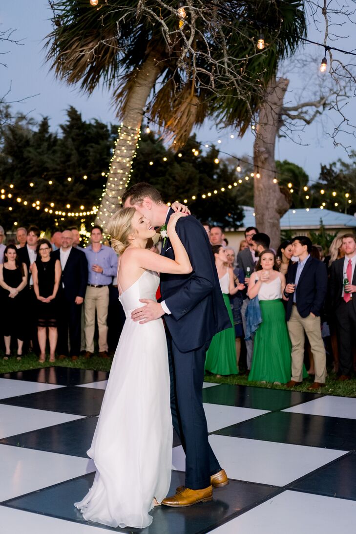 Backyard First Dance with Checkered Dance Floor and String Lights