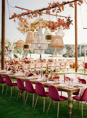 Burgundy Velvet Chairs and Assorted Chandeliers Uner Reception Tent