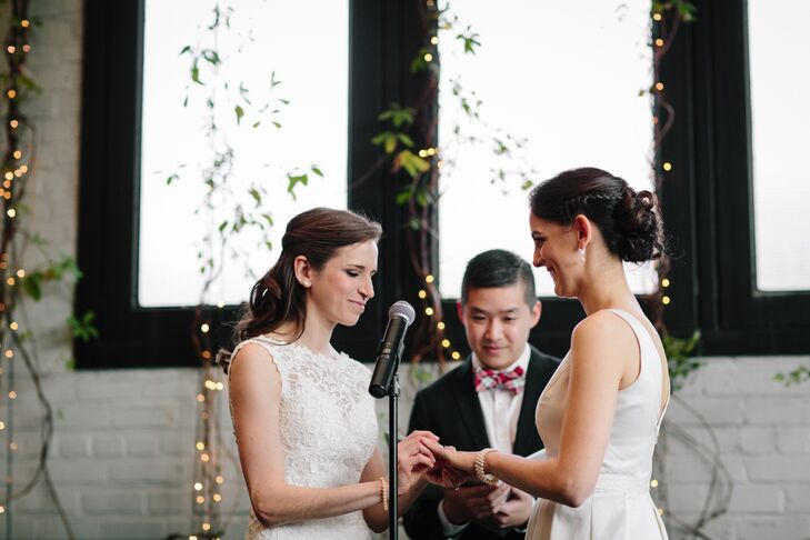 To honor both Beth Anne's Catholic upbringing and Allison's Jewish background, the couple read from the New Testament and stomped on a glass to symbolize the end of their lives apart. "The last reading was 'How Falling in Love is Like Owning a Dog,' which was our hat tip to our bichon frise-shih tzu, Cody," Allison says.