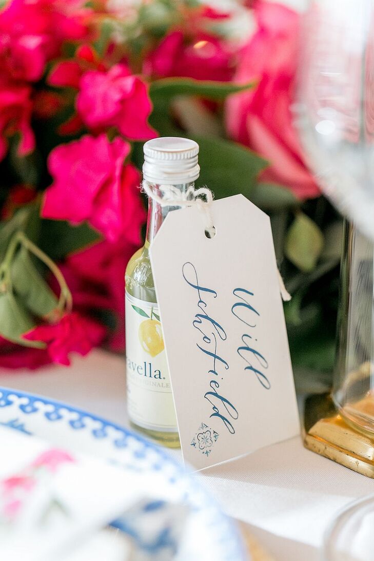 Alcoholic Wedding Favors with Calligraphed Name Tags
