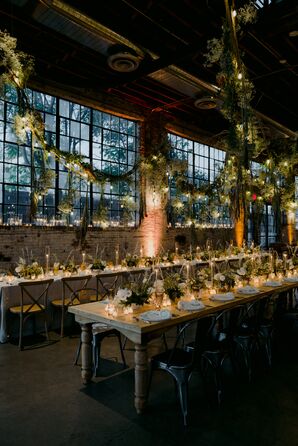 Romantic Warehouse, Industrial Reception With Garden Theme, Hanging Greenery, Candles Low Lighting