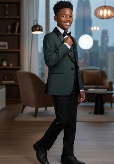 BLACKTIE "London" Kids Hunter Green Tuxedo (5-Piece Set) Flower Girl Dress and Ring Bearer Outfit