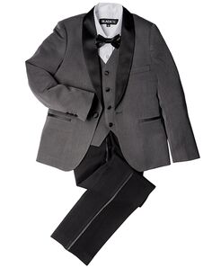 BLACKTIE "London" Kids Charcoal Tuxedo (5-Piece Set) Flower Girl Dress and Ring Bearer Outfit