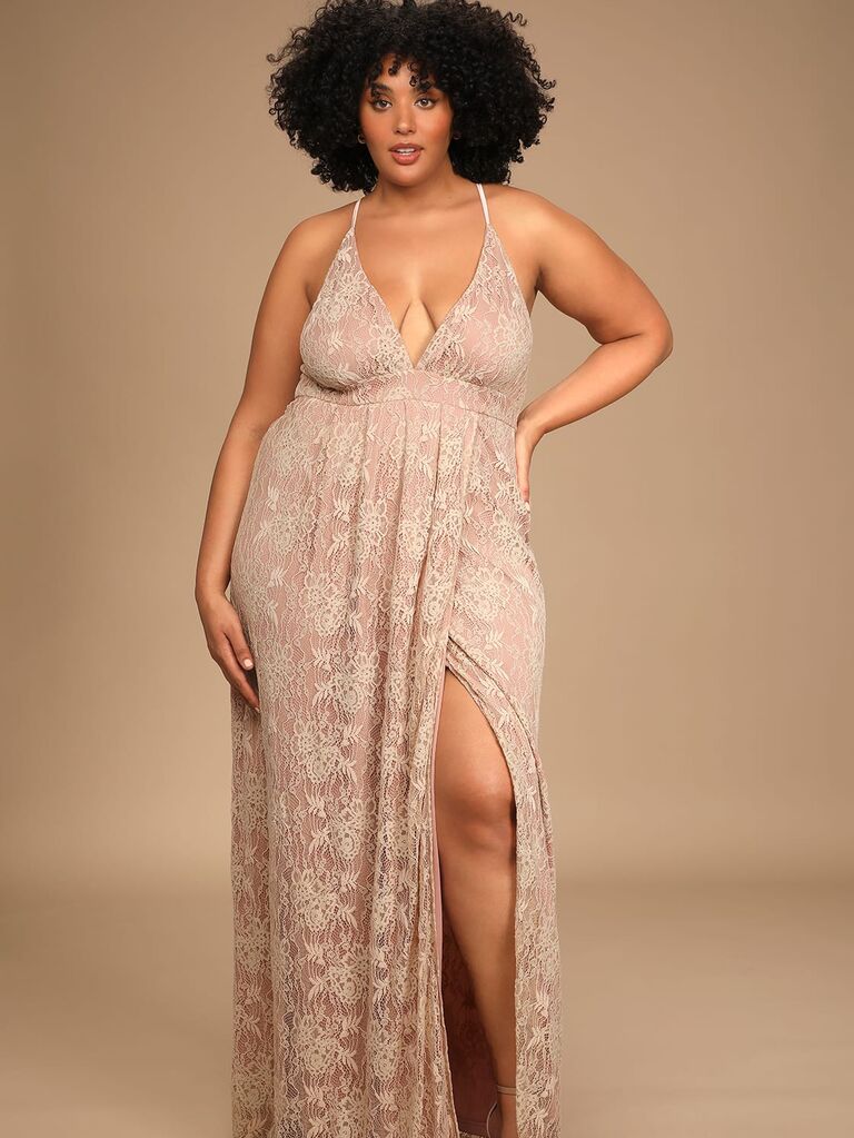 Dusty Pink Lace-Up Lace Maxi Dress