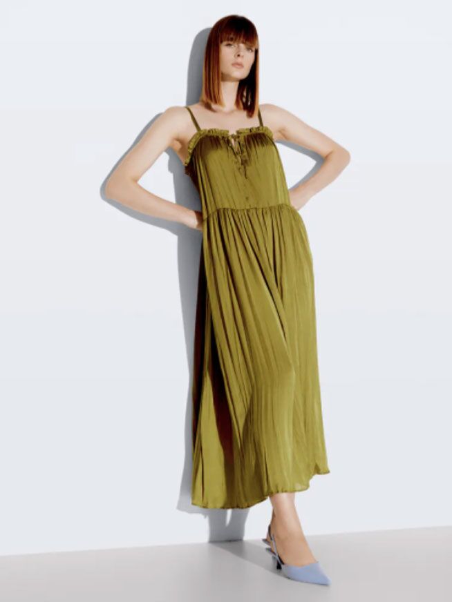 Olive green satin maxi fall wedding guest dress with ruffled neckline