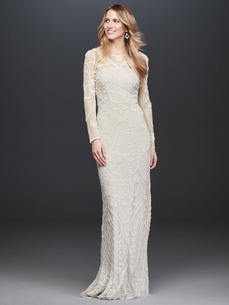 DB Studio sheath wedding dress with sheer overlay
