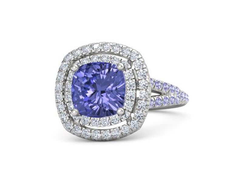 gemvara customizable tanzanite cushion cut engagement ring with round diamond double halo and round tanzanite split shank