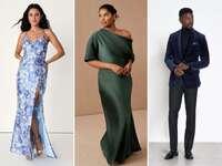 Collage of three black-tie-optional guest attire outfits