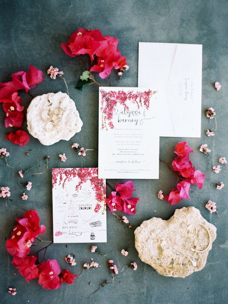 viva magenta wedding invitations with pink bougainvillea design