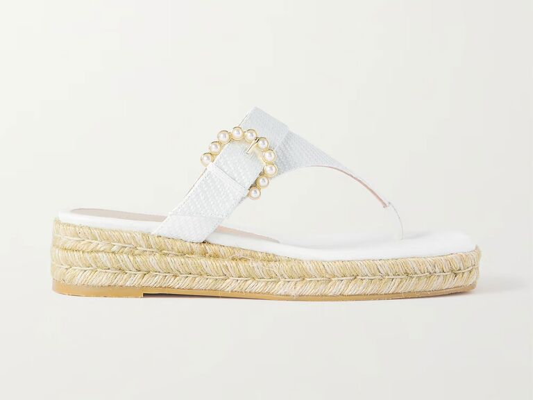 Stuart Weitzman pearl-embellished wedding platform sandals with a faux-pearl buckle