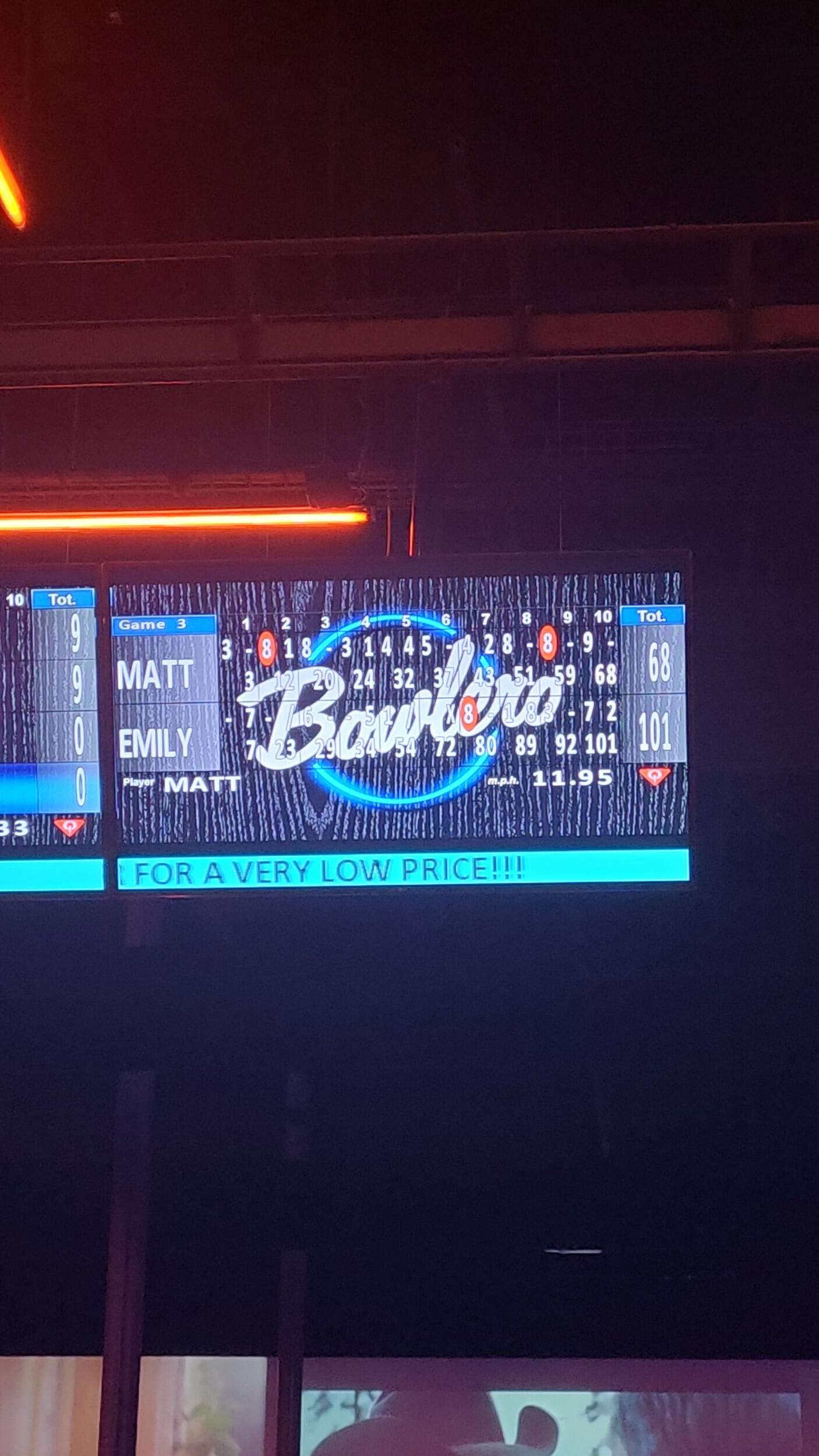 Our first "official" date.  Don't let the score fool you... Matt won the 3 games before this