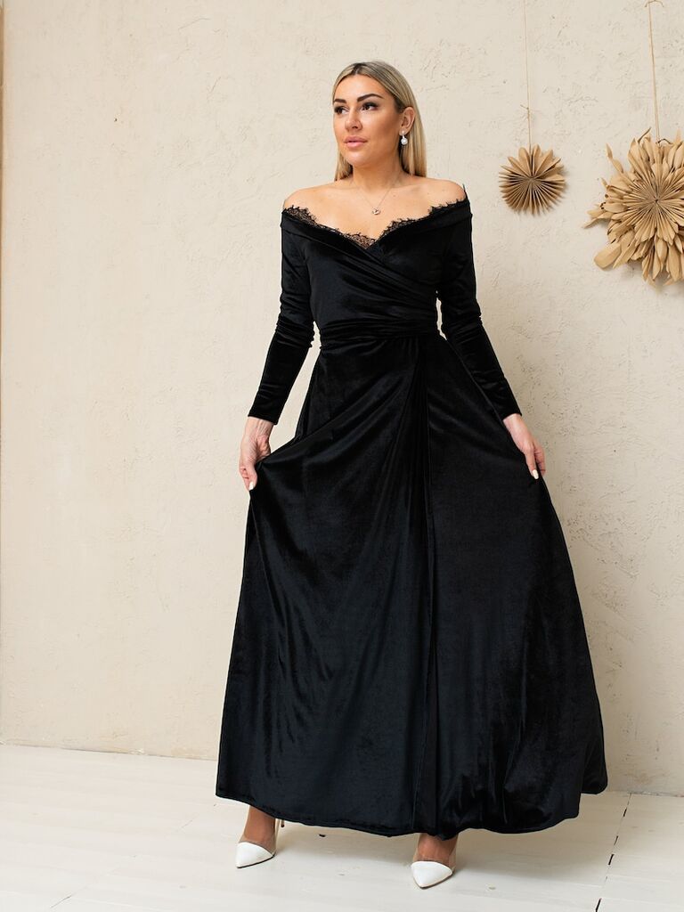 MiaDreamDesign off-shoulder velvet black gothic bridesmaid dress