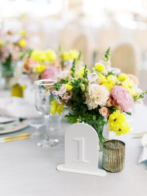 Classic White Table Number and Low Centerpiece With Yellow, Pink and White Flowers