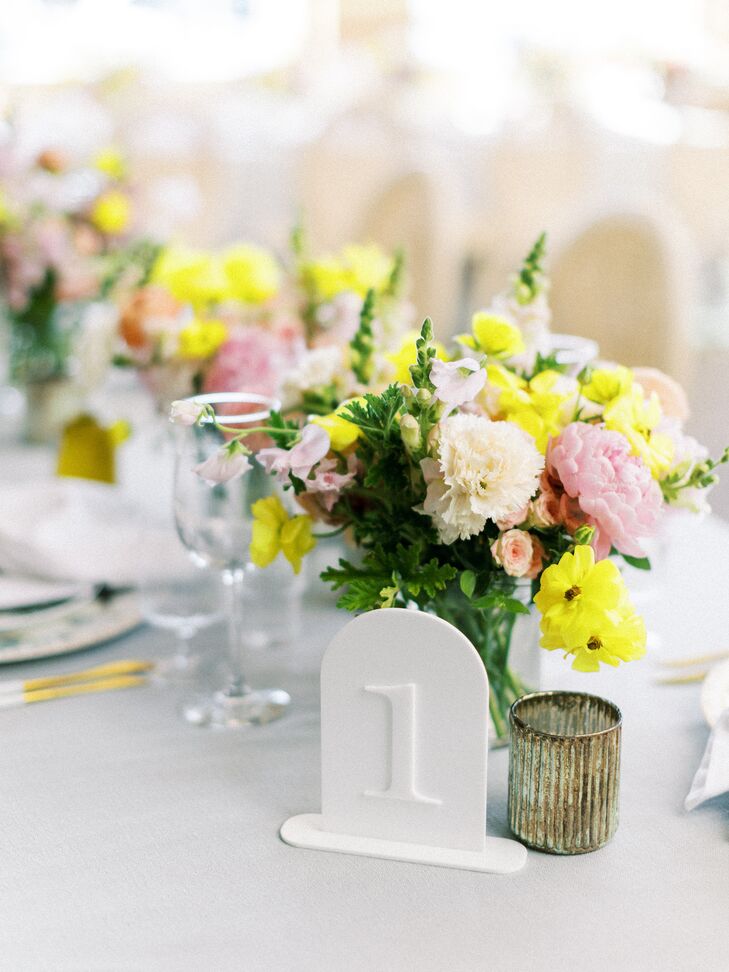 Classic White Table Number and Low Centerpiece With Yellow, Pink and White Flowers