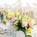 Classic White Table Number and Low Centerpiece With Yellow, Pink and White Flowers