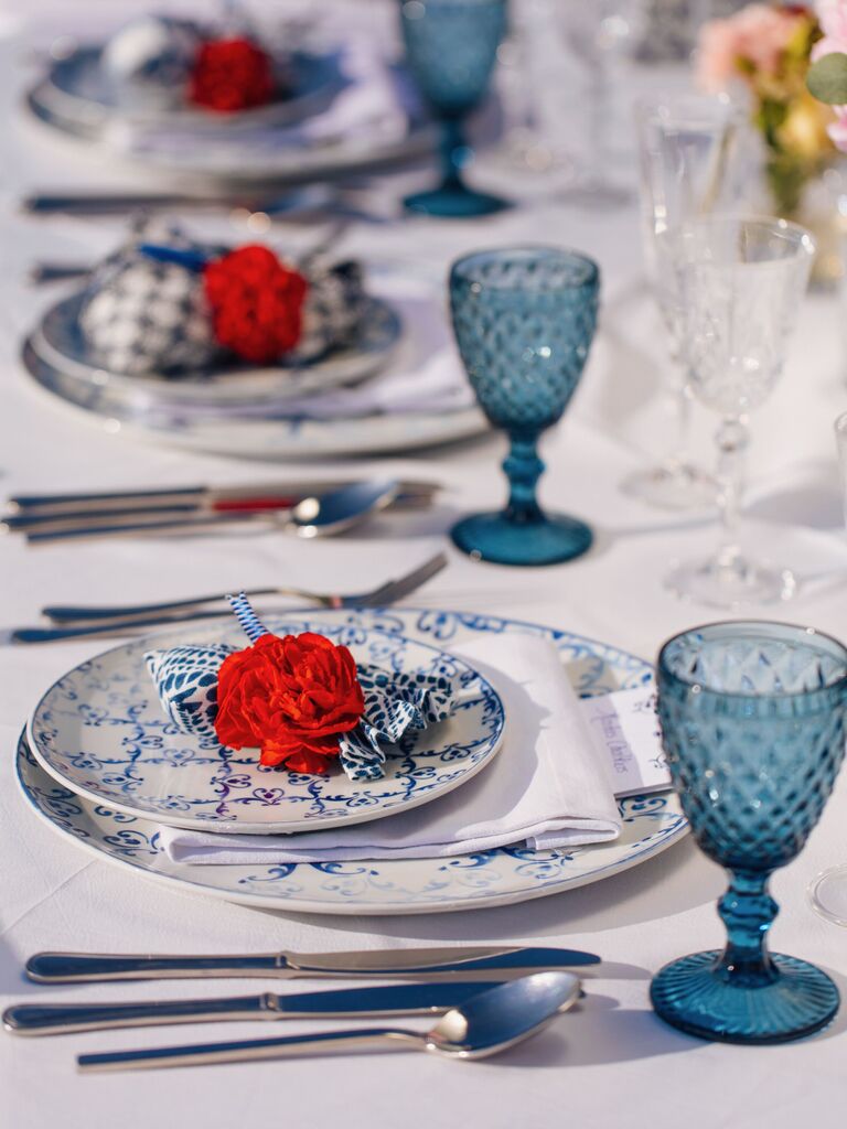 red, white and blue wedding place setting