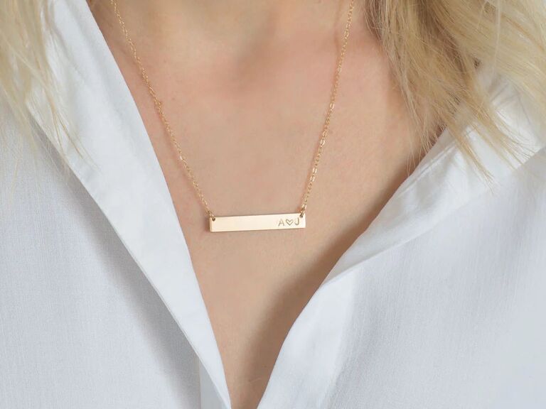 Gold bar pendant necklace personalized with couple's initals 