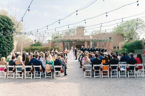 Ceremony in Courtyard Under String Lights, Adobe Building Backdrops