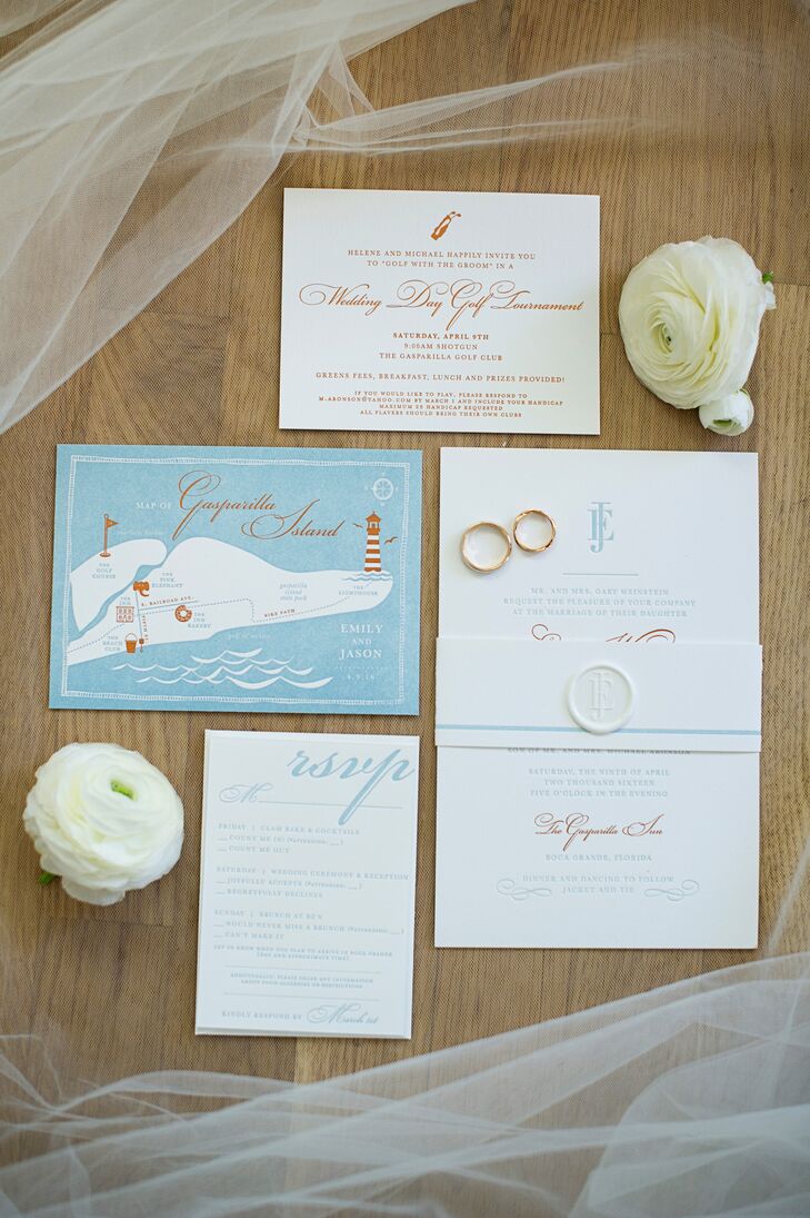 Emily and Jason’s invitations gave guests a preview of the waterfront affair with bright orange script and a custom watercolor map. “One of our friends designed a logo for us with our initials," Emily says. "We had the logo printed on a wax seal on our invitation, and we used it in different colors throughout the weekend."
